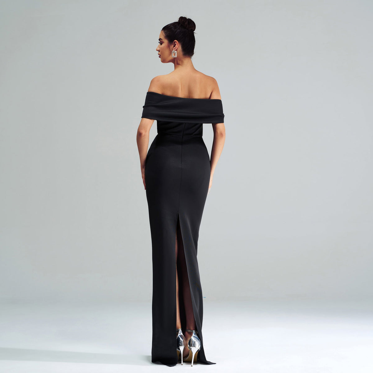 Off Shoulder Foldover Brooch Trim Column Floor Length Gown