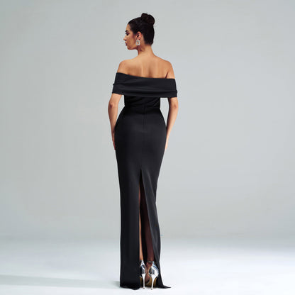 Off Shoulder Foldover Brooch Trim Column Floor Length Gown