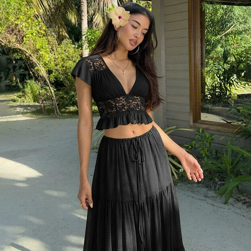 Lace V-Neck Two-Piece Skirt Set