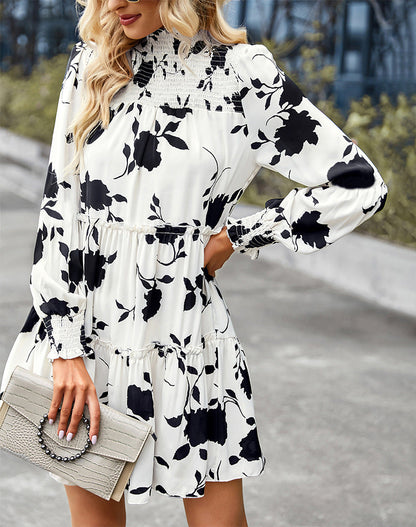 Mock Neck Smocked Cuff Floral Print Tiered Babydoll Mini Dress
