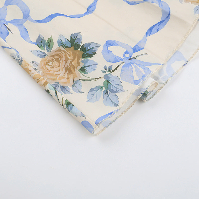 Halter Corset Ribbon Print Belted A-Line Midi Dress
