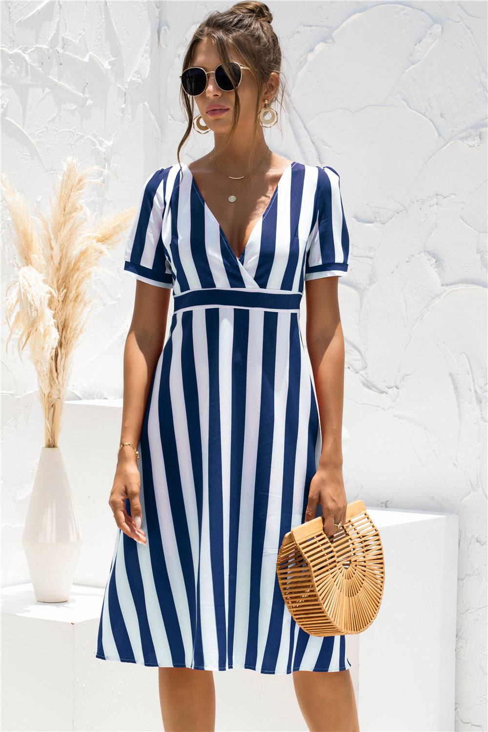 Surplice V Neck Short Sleeve Vertical Stripe Midi Dress