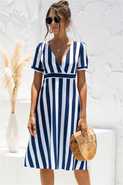 Surplice V Neck Short Sleeve Vertical Stripe Midi Dress