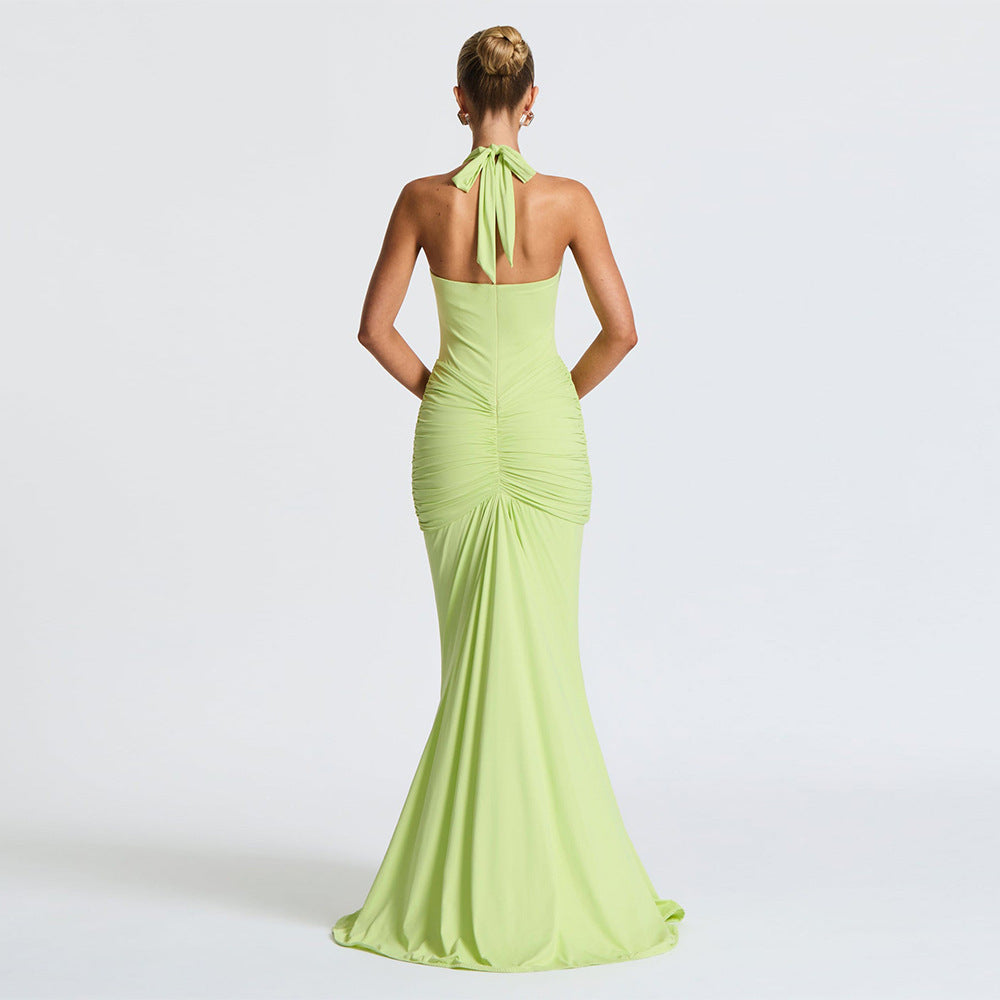 Halter Deep Plunge Ruched Column Maxi Dress