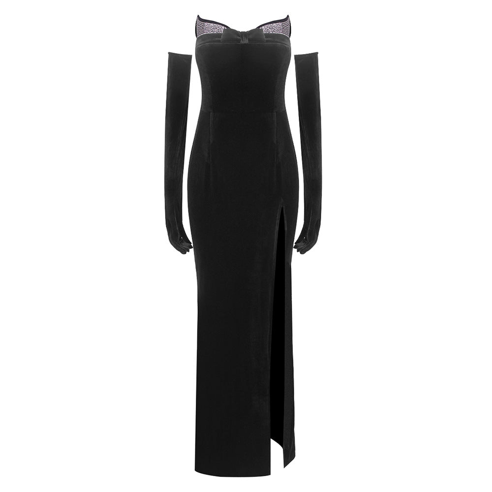 Strapless Rhinestone Neck Velvet Gown with Draped Satin Overskirt