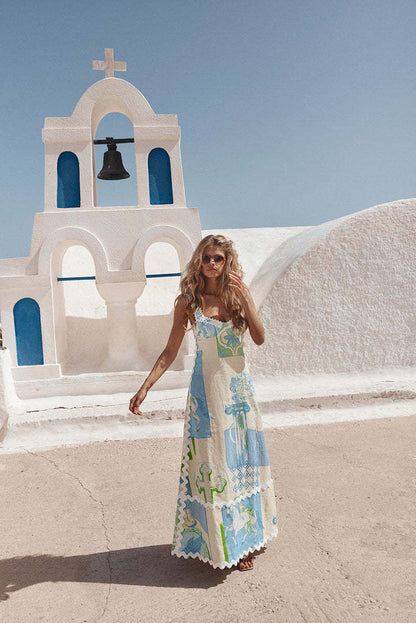 Scoop Neck Crochet Trim Mediterranean Print Tiered Maxi Dress