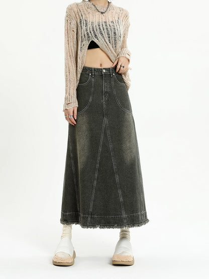 Frayed Hem Denim Midi Skirt