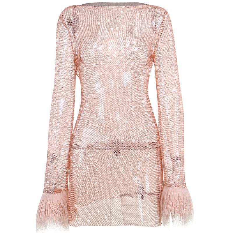 Sheer Mesh Feather Cuff Long Sleeve Round Neck Mini Dress