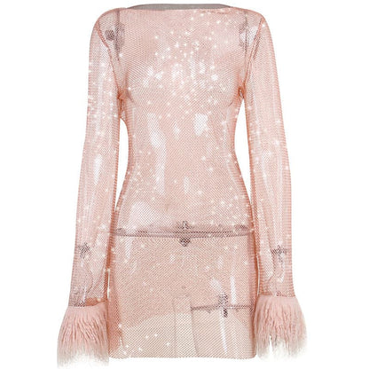 Sheer Mesh Feather Cuff Long Sleeve Round Neck Mini Dress