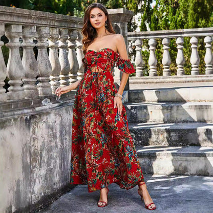 Off Shoulder Ruched Bust Cutout Tie Tropical Print Flounce Sleeve Maxi Dress