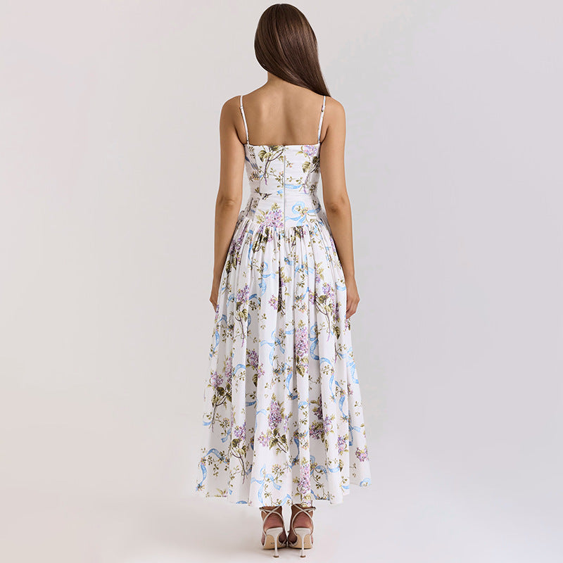 Square Neck Corset Ribbon Floral Gathered A-Line Midi Dress