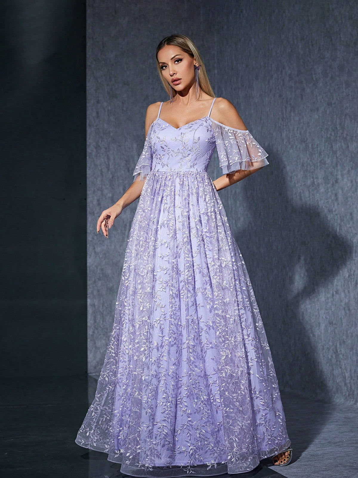 Sweetheart Cold Shoulder Flutter Sleeve Floral Embroidered Ball Gown