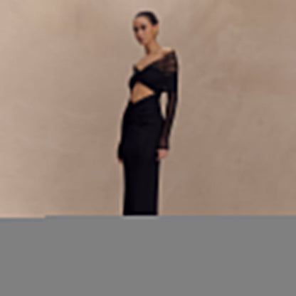 Off Shoulder Mesh Sleeve Diamond Cutout Ruched Column Maxi Gown