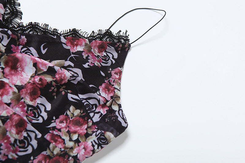 spring new women's seaside hottie vacation style sexy V-neck lace splicing floral suspender dress