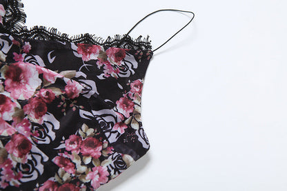spring new women's seaside hottie vacation style sexy V-neck lace splicing floral suspender dress