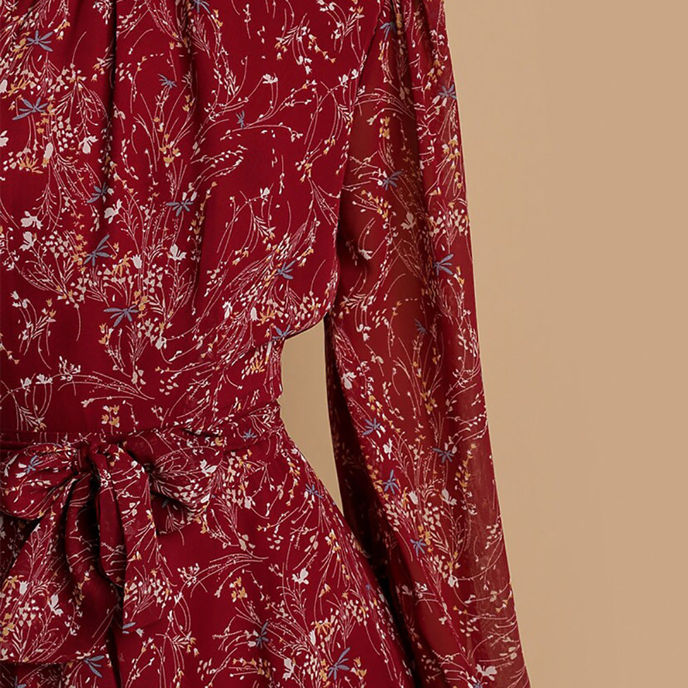 Mock Neck Ruffled Collar Lantern Sleeve Tie Waist Ditsy Floral Mini Dress