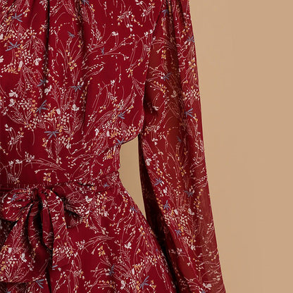 Mock Neck Ruffled Collar Lantern Sleeve Tie Waist Ditsy Floral Mini Dress