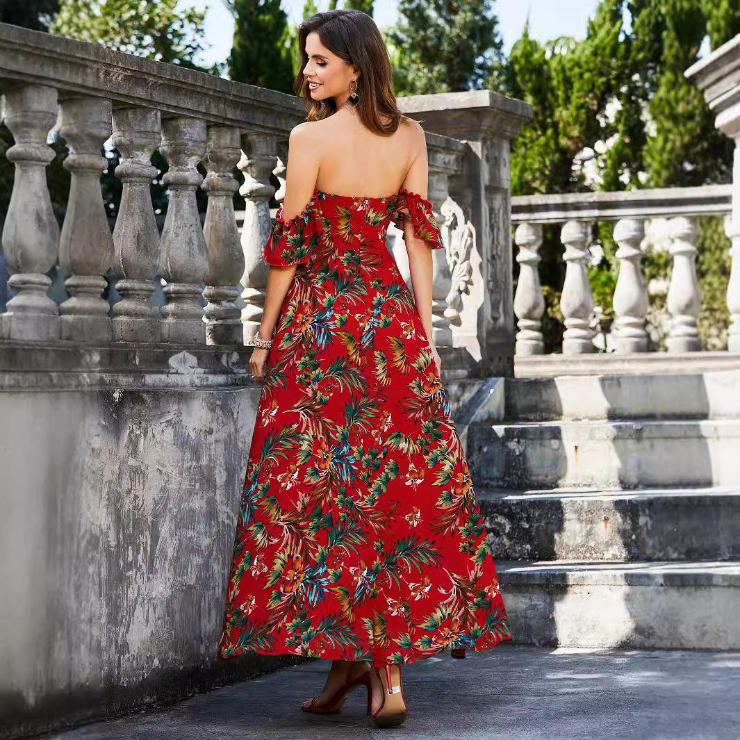 Off Shoulder Ruched Bust Cutout Tie Tropical Print Flounce Sleeve Maxi Dress