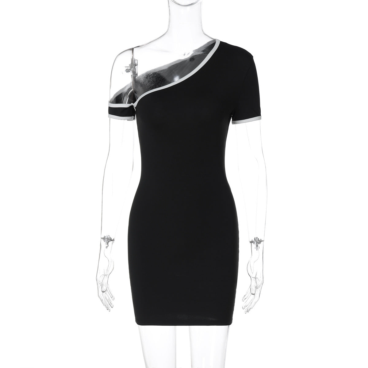 Asymmetric Cold-Shoulder Contrast Piping Short Sleeve Bodycon Mini Dress