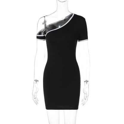 Asymmetric Cold-Shoulder Contrast Piping Short Sleeve Bodycon Mini Dress