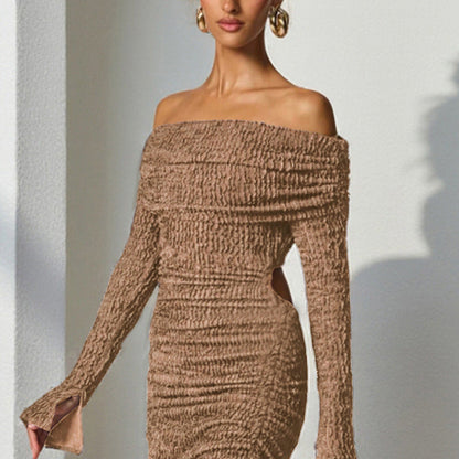 Off Shoulder Smocked Texture Bell Cuff Side Cutout Mini Dress