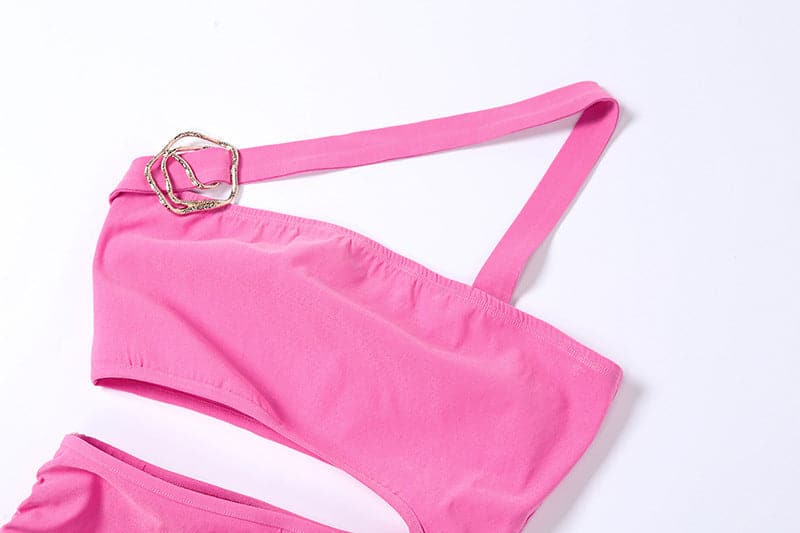 One Shoulder Ring Detail Ruched Crop Top Mini Skirt Set