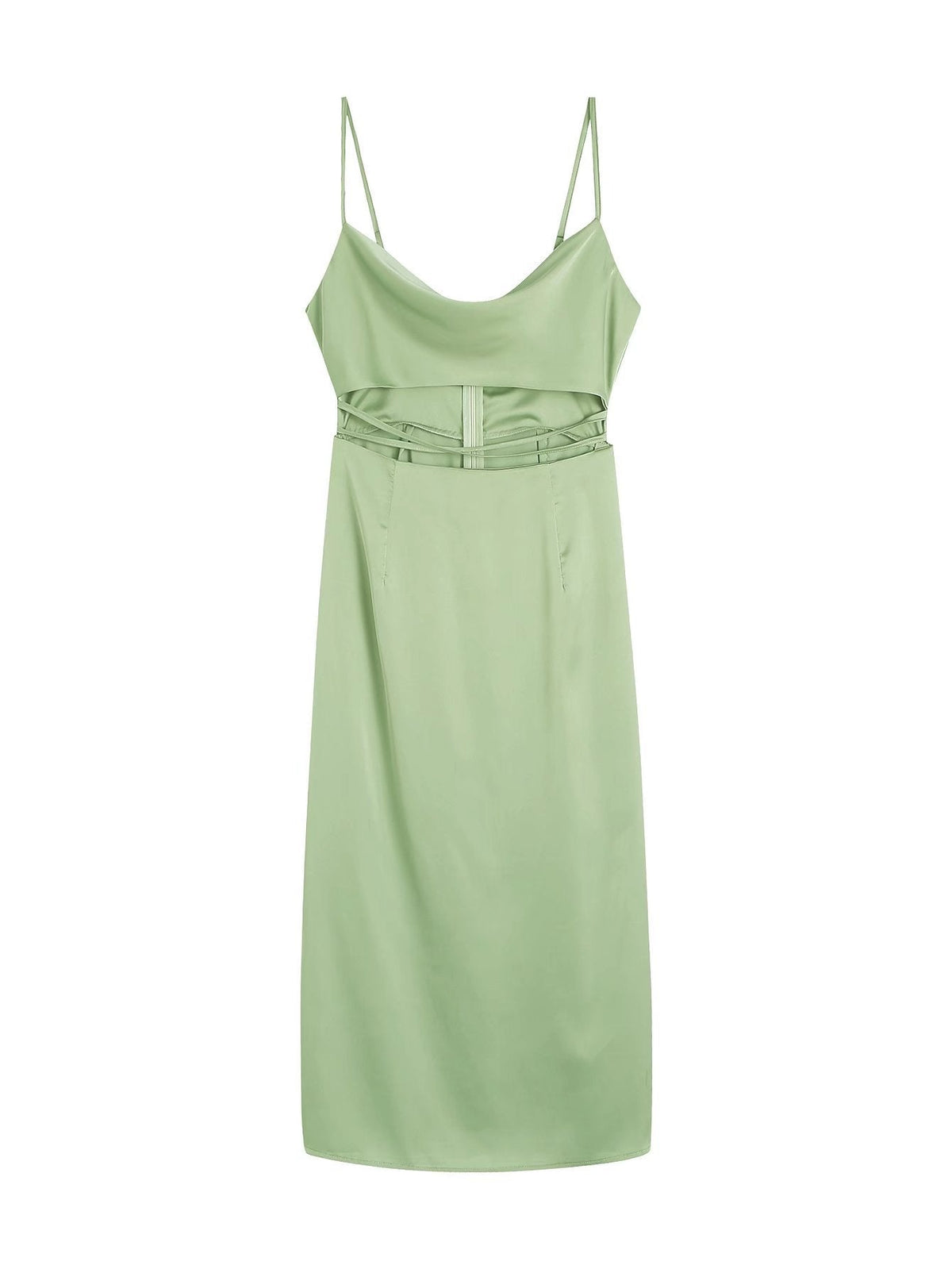 Cowl Neck Spaghetti Strap Criss Cross Waist Cutout Satin Maxi Dress