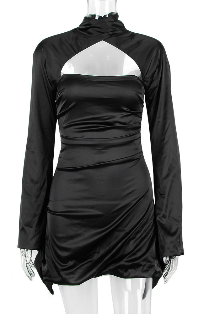 Black Halter Backless Draped Satin Mini Dress