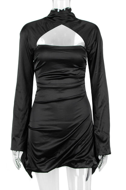 Black Halter Backless Draped Satin Mini Dress
