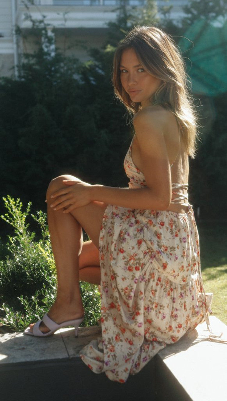 Spaghetti Strap Tiered Ruffle Ditsy Floral Maxi Dress