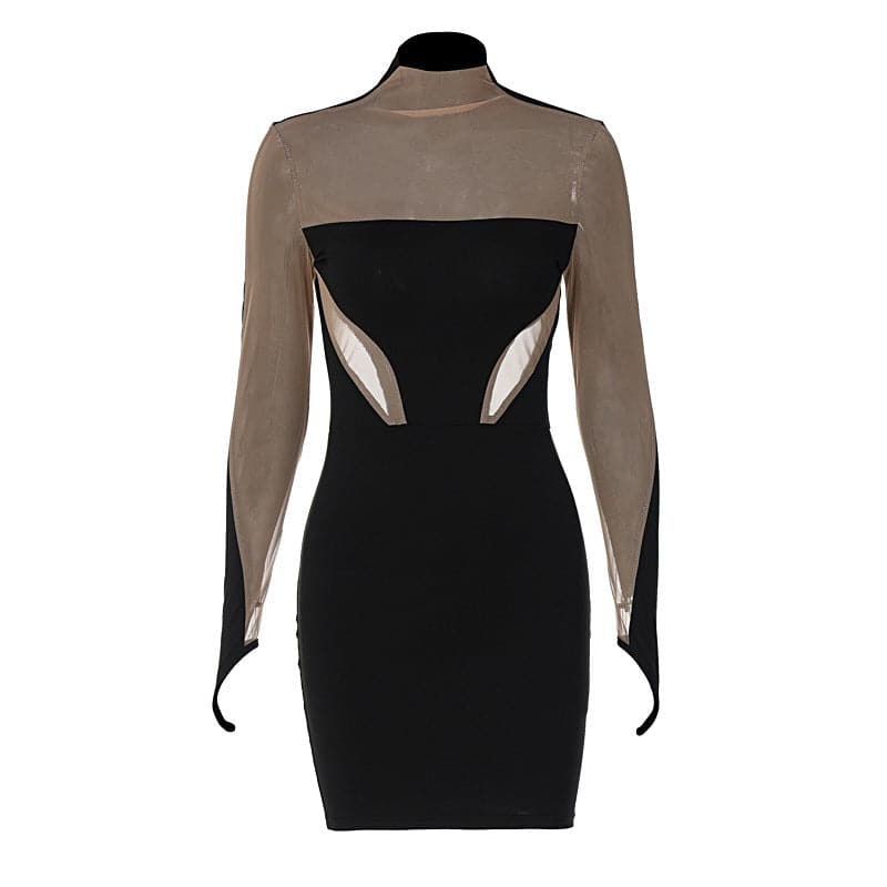 Mock Neck Contrast Mesh Panel Thumbhole Glove Sleeve Bodycon Mini Dress