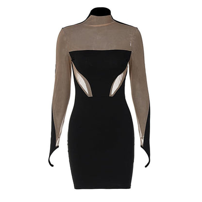 Mock Neck Contrast Mesh Panel Thumbhole Glove Sleeve Bodycon Mini Dress