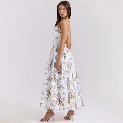 Square Neck Corset Ribbon Floral Gathered A-Line Midi Dress