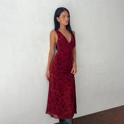 Floral Burnout Deep V-Neck Wide Strap Sheer Hem Midi Dress