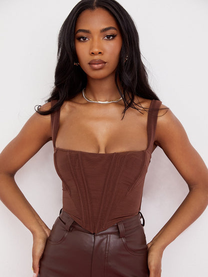 Fishbone Square Neck Cropped Navel Outer Sling Top