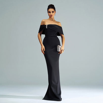 Off Shoulder Foldover Brooch Trim Column Floor Length Gown
