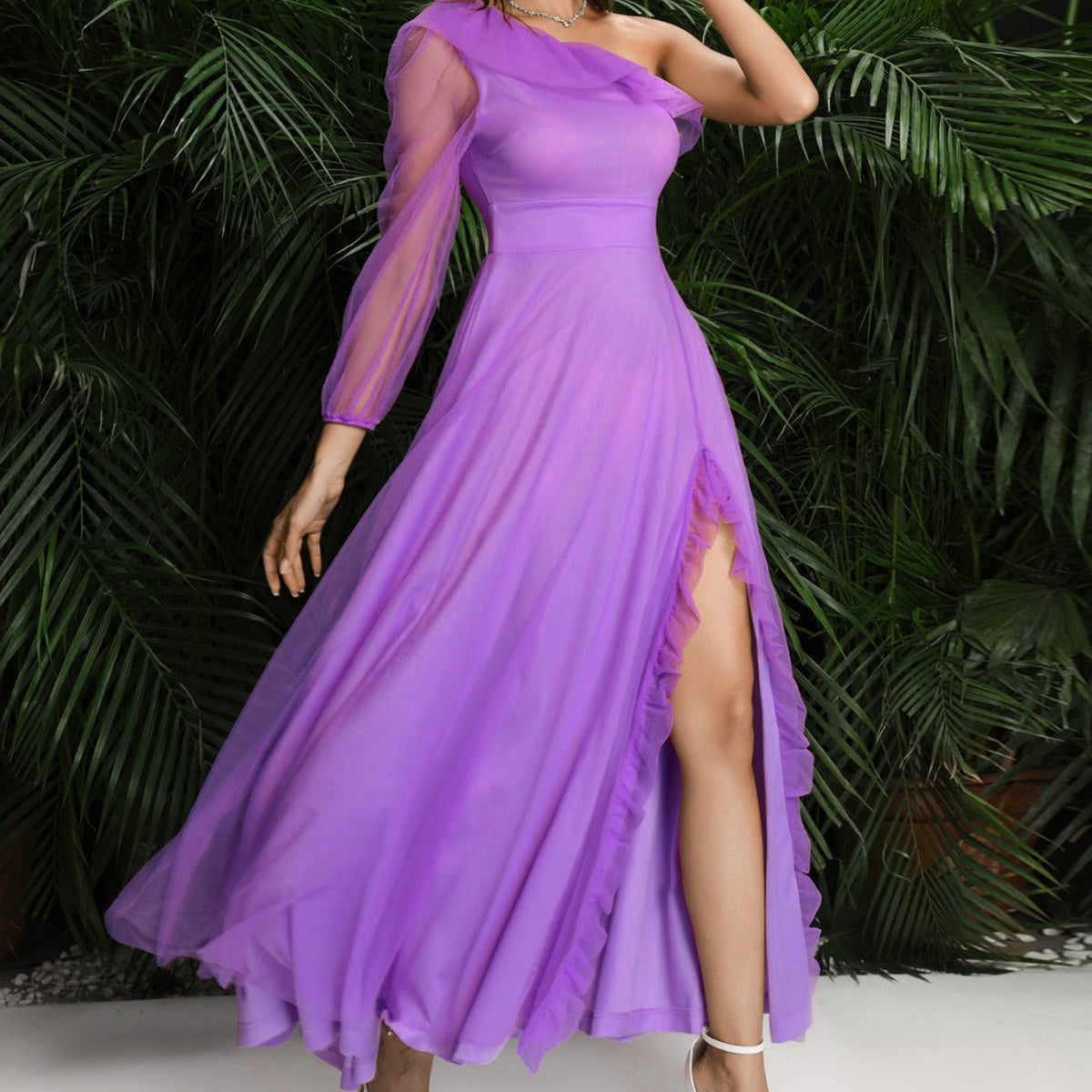 One Shoulder Ruffle Trim High Slit Chiffon Maxi Dress