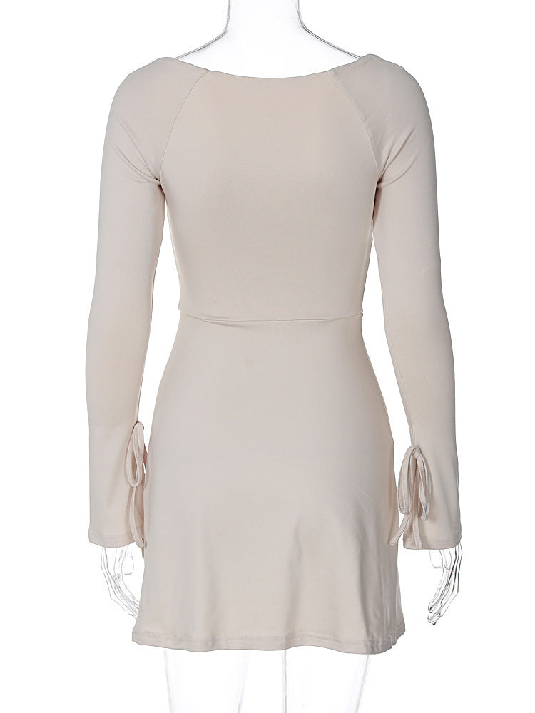 Square Neck Long Sleeve Tie Cuff Slit Knit Mini Dress