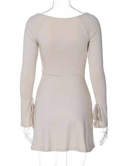 Square Neck Long Sleeve Tie Cuff Slit Knit Mini Dress