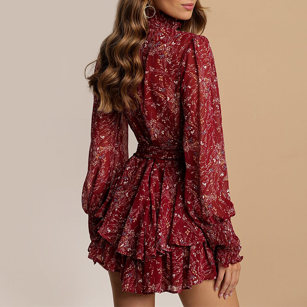 Mock Neck Ruffled Collar Lantern Sleeve Tie Waist Ditsy Floral Mini Dress