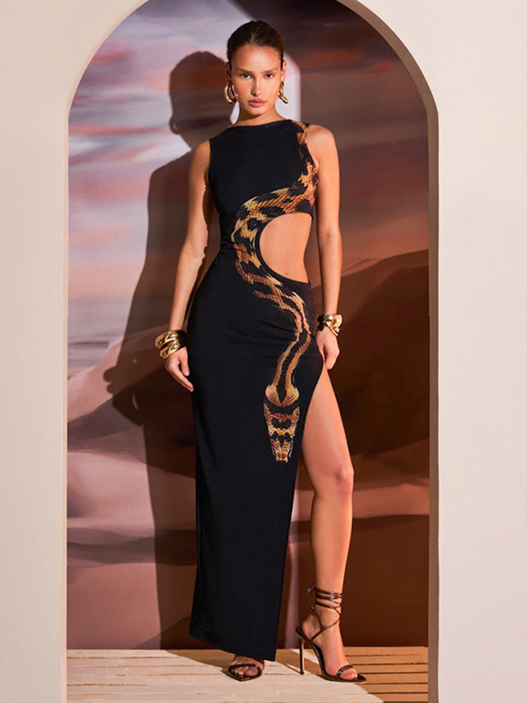 Crew Neck Snake Print Side Cutout High Slit Maxi Dress