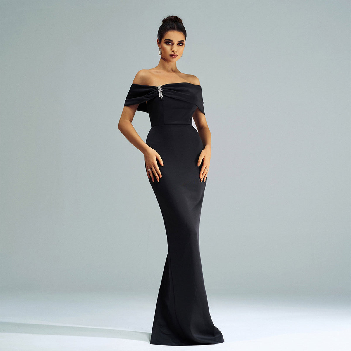 Off Shoulder Foldover Brooch Trim Column Floor Length Gown