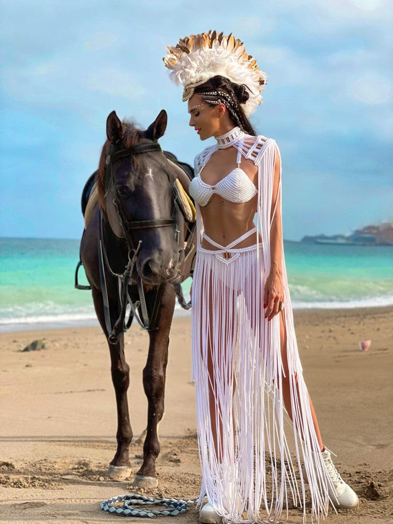 Halter Neck Fringe Trim Waist Cutout Maxi Dress