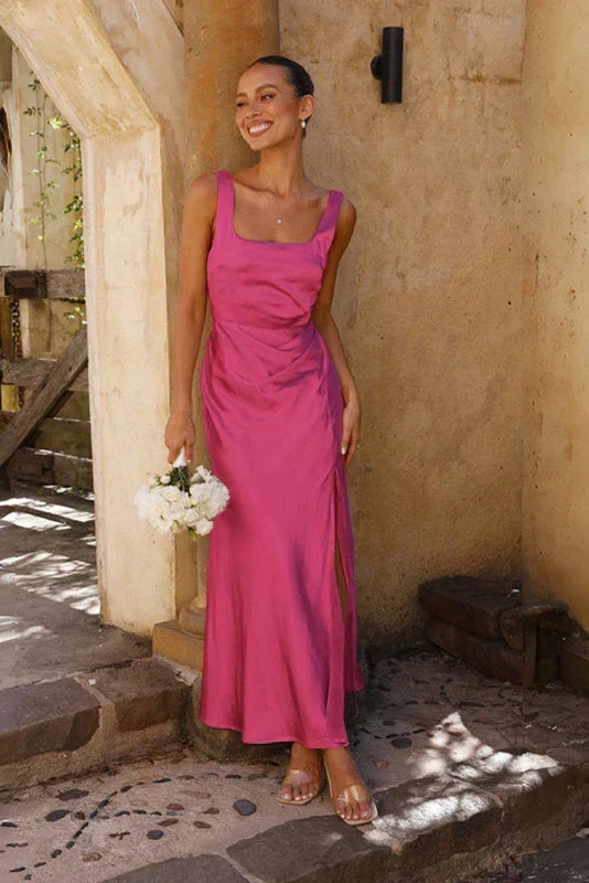 Square Neck Satin Side Slit Floor Length Gown