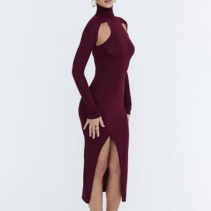 Mock Neck Shoulder Cutout Side Slit Rib Knit Midi Dress