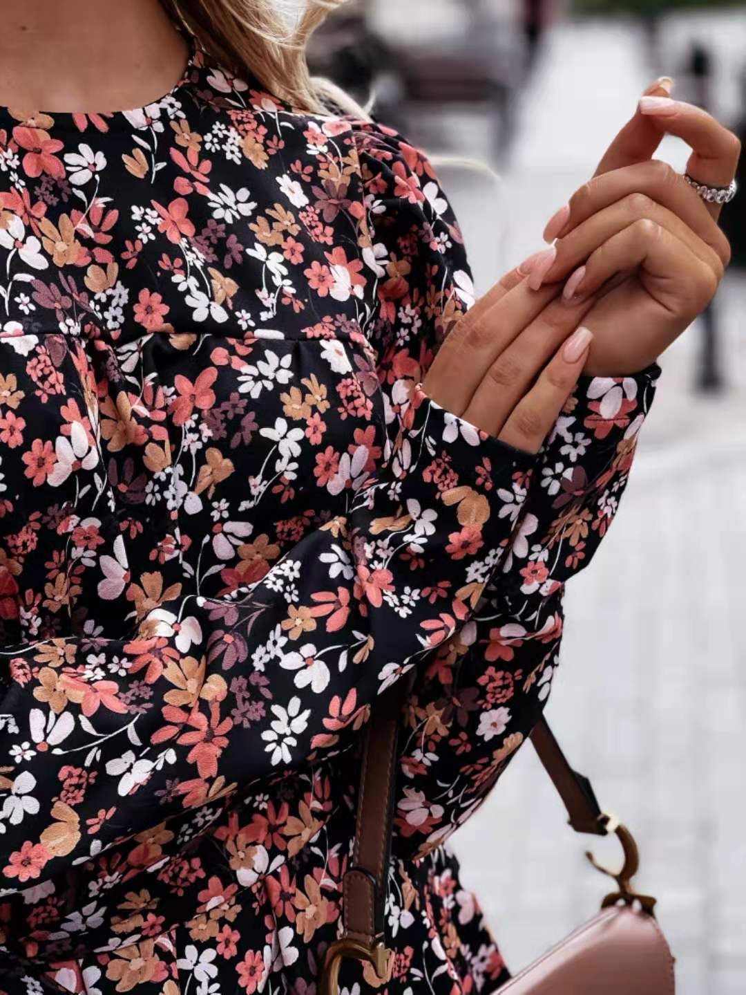 Crew Neck Long Sleeve Self Tie Waist Tiered Ruffle Floral Mini Dress