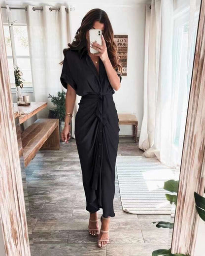 Collared V-Neck Short Sleeve Knot Front Button Maxi Shirt Dress