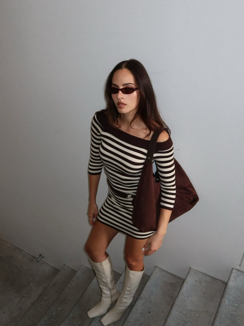 Off Shoulder Horizontal Stripe Belt Detail Bodycon Mini Dress