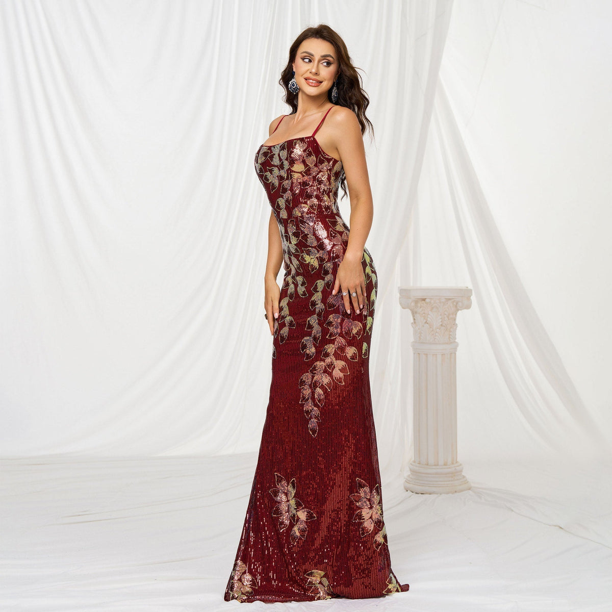 Square Neck Spaghetti Strap Floral Vine Sequin Mermaid Maxi Gown