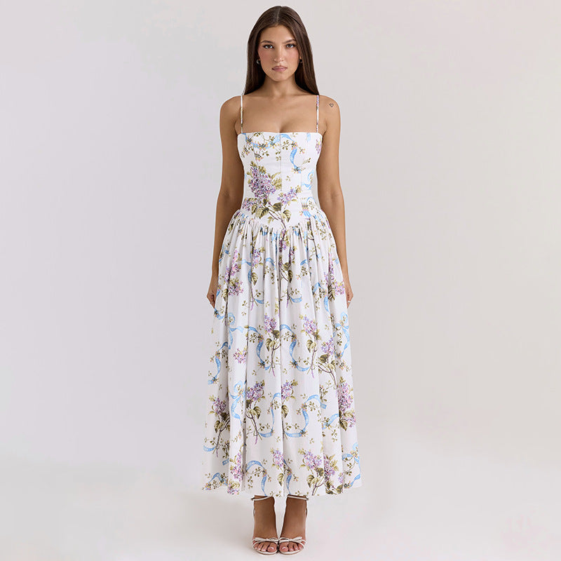 Square Neck Corset Ribbon Floral Gathered A-Line Midi Dress